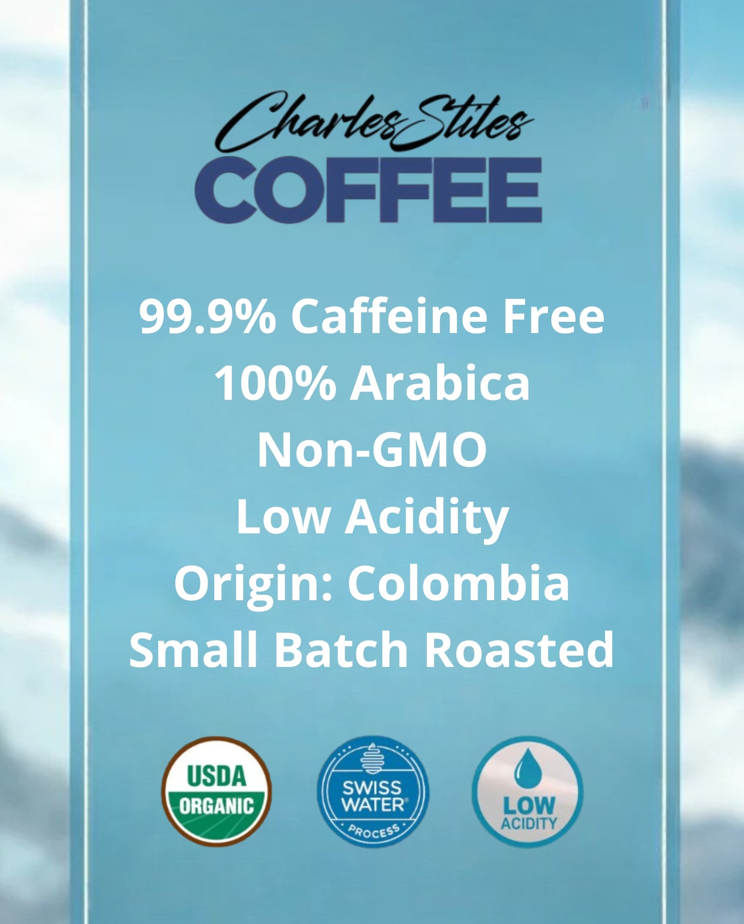 Blue label for Charles Stiles Coffee with certification logos on a blurred background