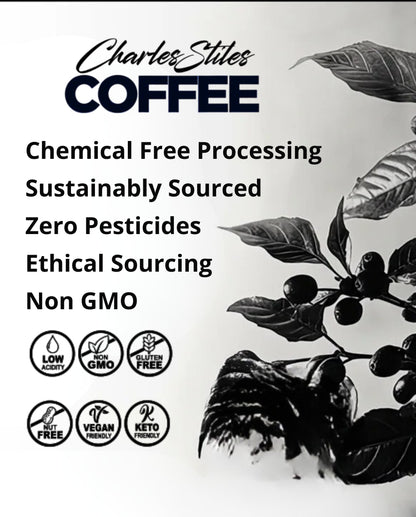 Advertisement for Charles Stiles Coffee with coffee beans and leaves, highlighting chemical-free processing and ethical sourcing.