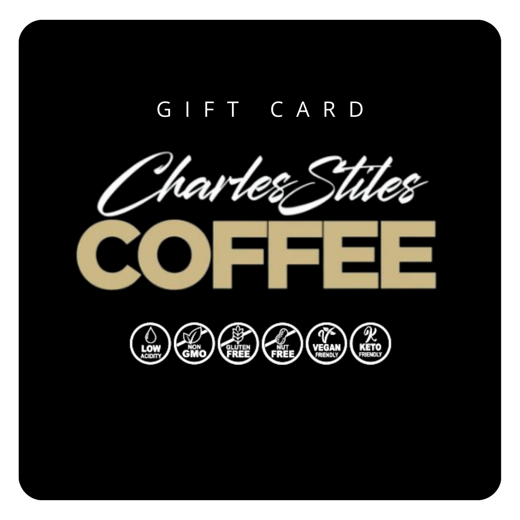 Black gift card with 'Charles Stiles Coffee' branding and certification icons.