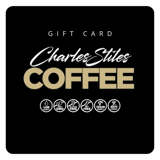 Black gift card with 'Charles Stiles Coffee' branding and certification icons.