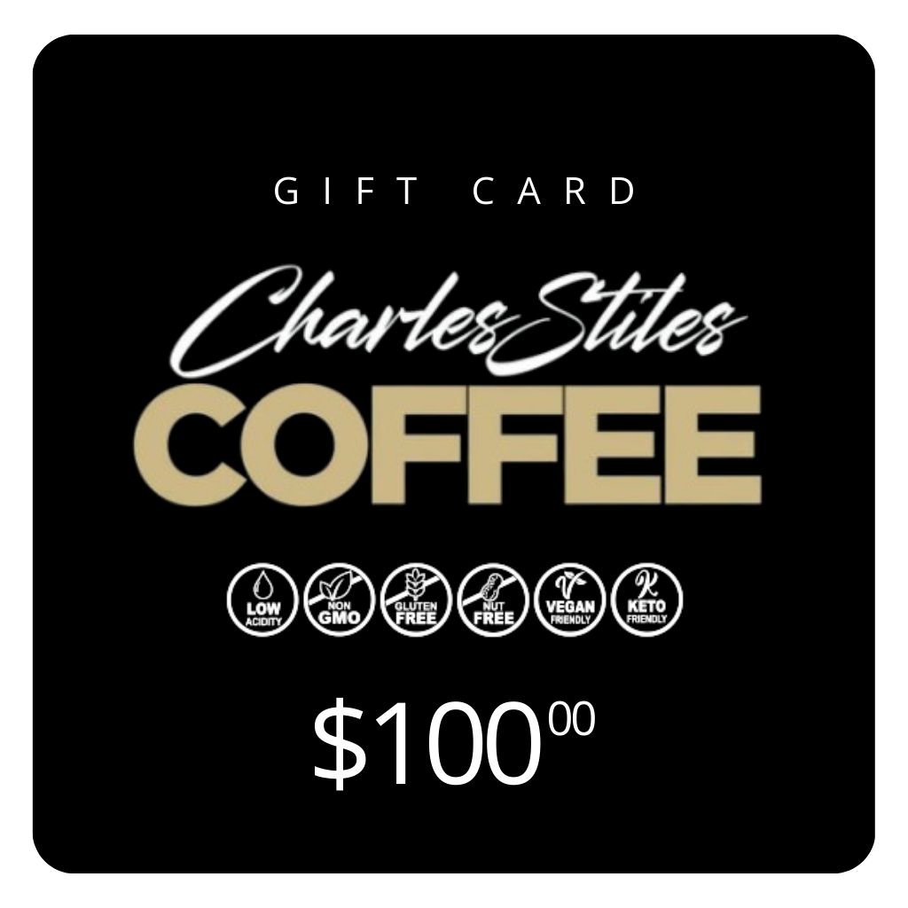 Charles Stiles Coffee gift card with $100 value on a black background