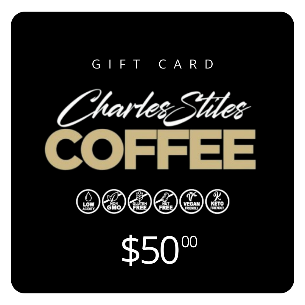 Charles Stiles Coffee gift card with branding and product information on a black background