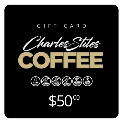 Charles Stiles Coffee gift card with branding and product information on a black background