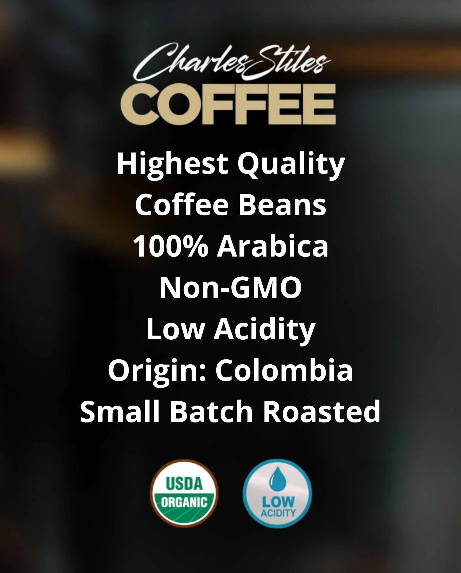 Advertisement for Charles Stiles Coffee with product details on a dark background