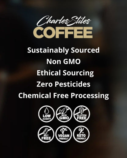Promotional image of Charles Stiles Coffee with sustainability features and certifications.