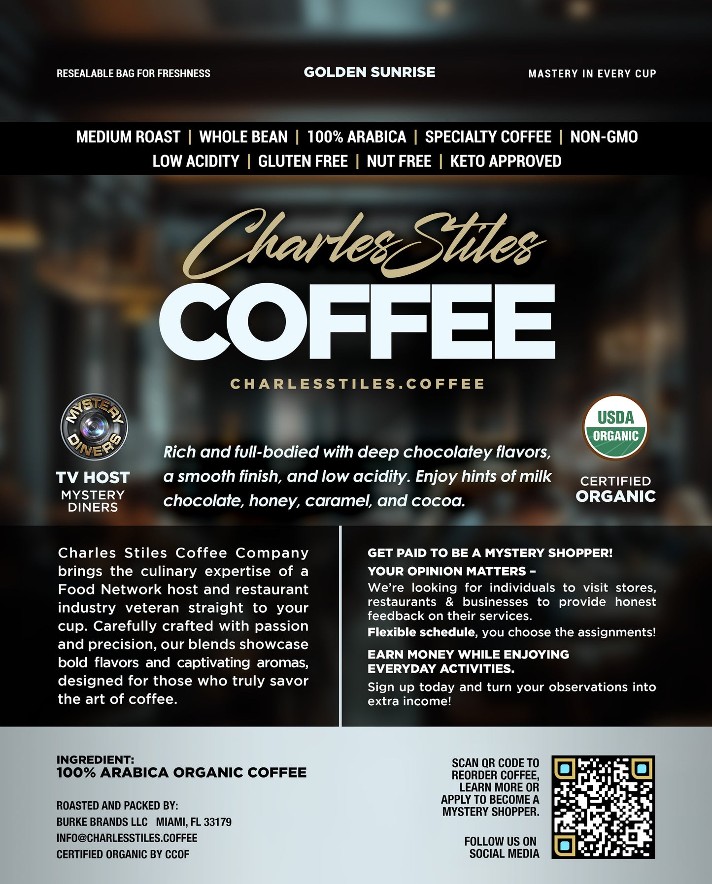 2LB Charles Stiles Organic Medium Roast Coffee
